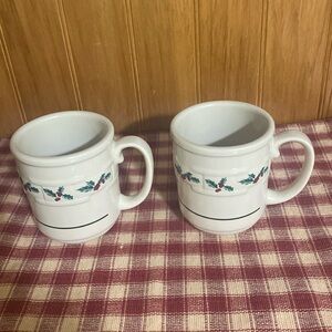 Set of 2 Longaberger Woven Traditions Holly Berry Coffee Mugs.